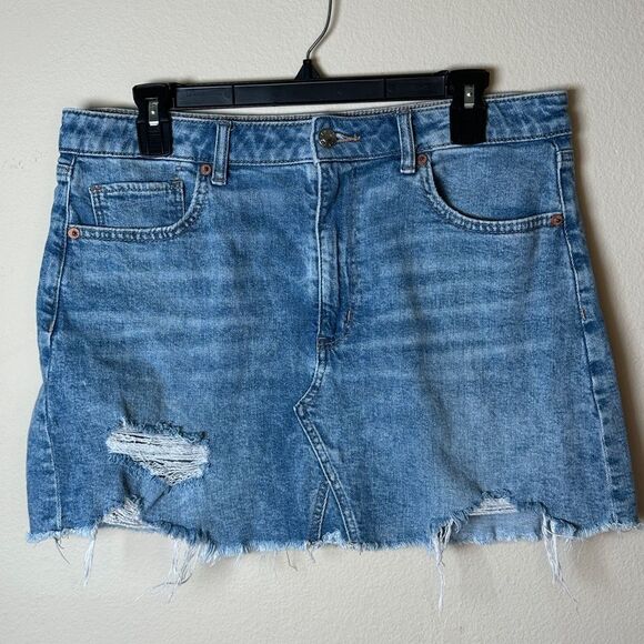 American Eagle Super Hi- Rise A-Line Denim Mini Skirt Stretch Sz 12 - Picture 1 of 6